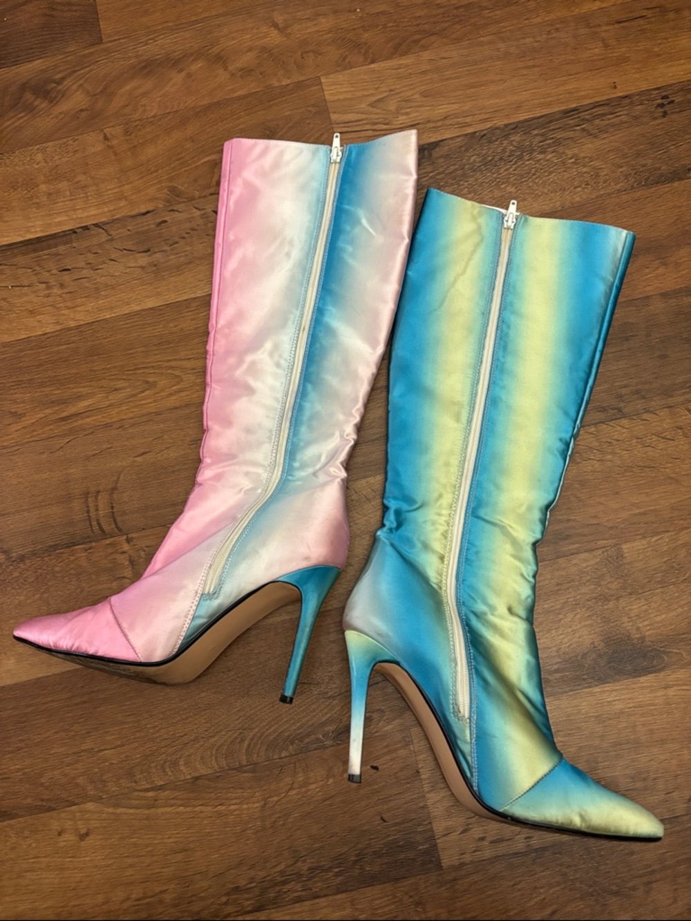 Dolls Kill Gradient Pink Blue Satin Knee-High Stiletto Boots - Women